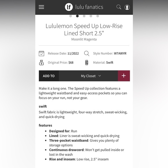 Lululemon- Size 10- 2.5”- Moonlit Magenta- Low-Rise Speed-Up Shorts - Picture 16 of 16